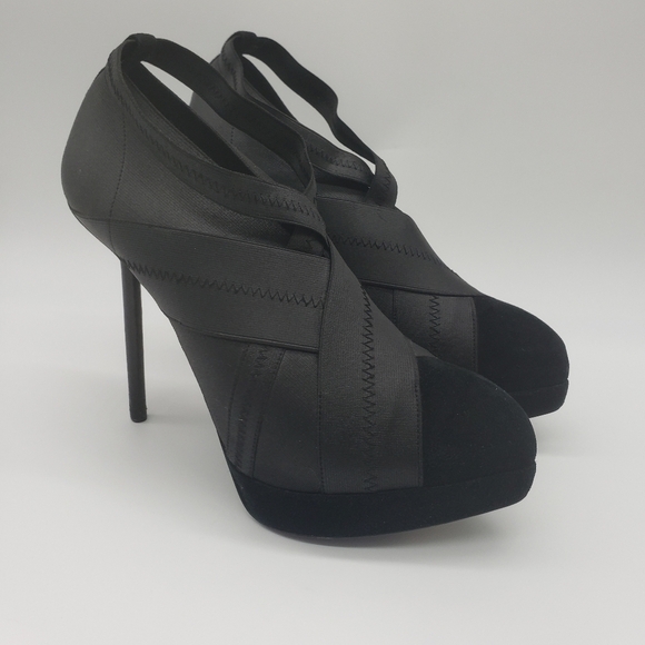 1548- YSL Yves Saint Laurent Shoe Black Platform Bandage Suede Bootie 37.5EU - Picture 1 of 12